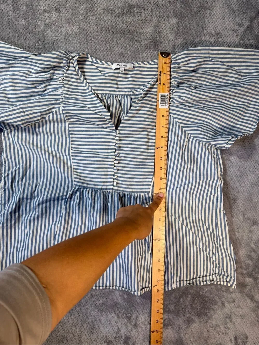 Madewell Courtyard Striped Puff Sleeve Peplum Blouse Medium Blue White Button Fr